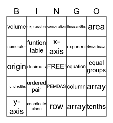 Math Vocabulary Bingo Card