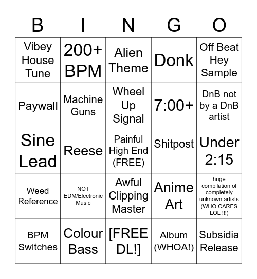SoundCloud Stream Bingo Card