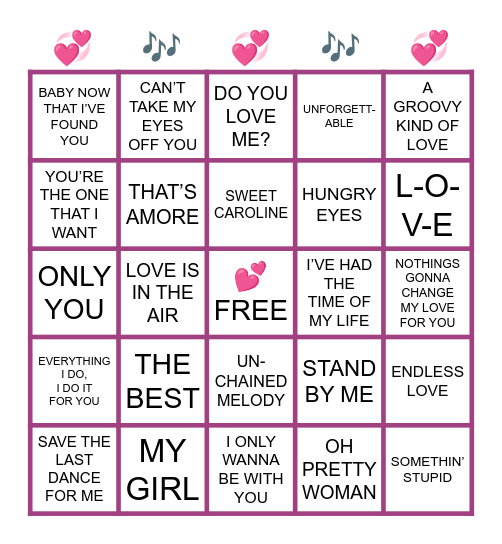 Valentines Musical Bingo Card