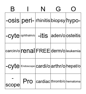Medical Term  Bingo Card