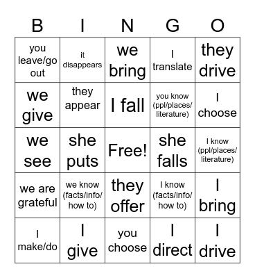 Dean- Irregular YO verbs Bingo Card