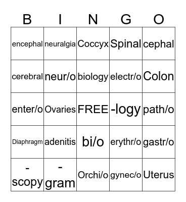 Medical Term  Bingo Card