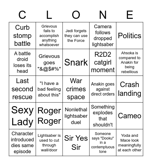 The clone wars episode bingo Card