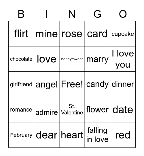 American Sign Language I Valentine's Day Vredocabulary Bingo Card #1 Bingo Card