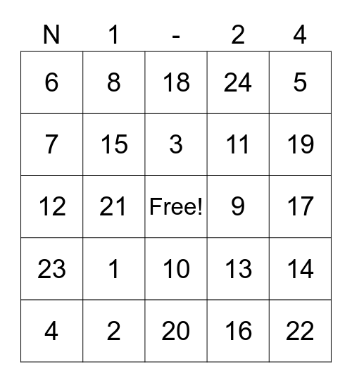 Numbers 1-24 Bingo Card