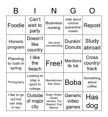 College Facebook Bingo Card