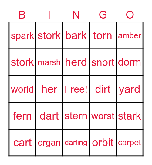 Valentine's Vowel R Syllable Bingo Card