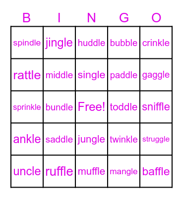 Valentine's Final Stable Syllable Bingo Card