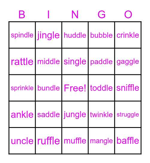 Valentine's Final Stable Syllable Bingo Card