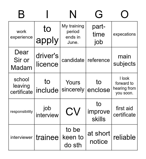 Job Applications Bingo Card
