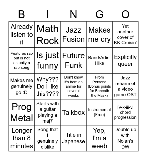 Belle's Discover Weekly Bingo Card