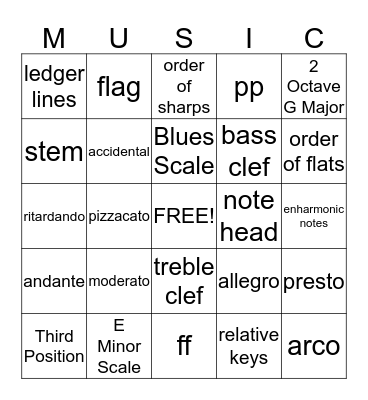 Musical Bingo Card