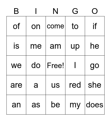 SIGHT WORDS Bingo Card