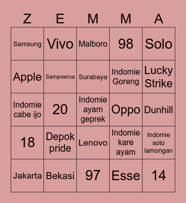 Punya Zemma Bingo Card