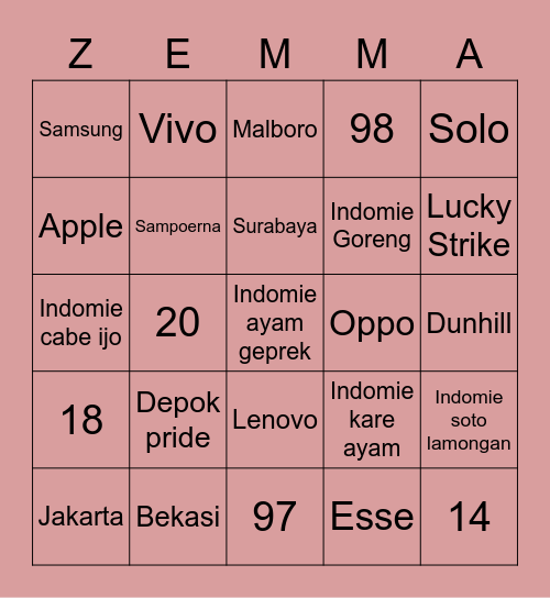 Punya Zemma Bingo Card