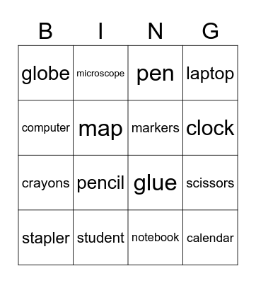 School Bingo Card