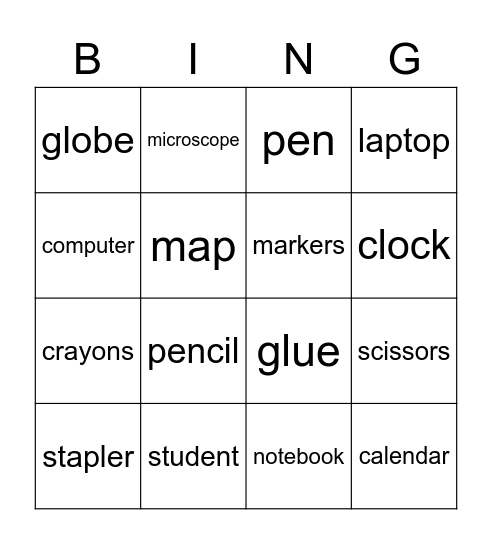 School Bingo Card