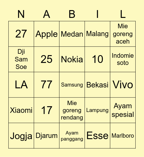 Bingo with Gita Bingo Card