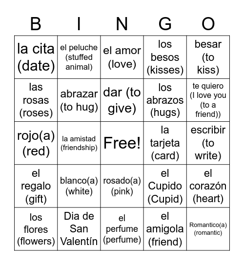 Spanish Valentine's Day Vocab Bingo Card