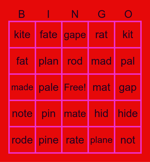 Valentine Short and Long Vowels Bingo Card