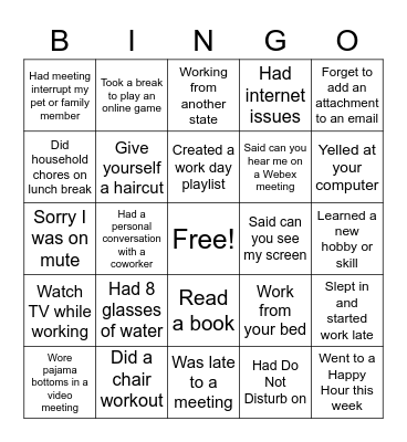 Remote Work Bingo Card