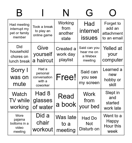 Remote Work Bingo Card