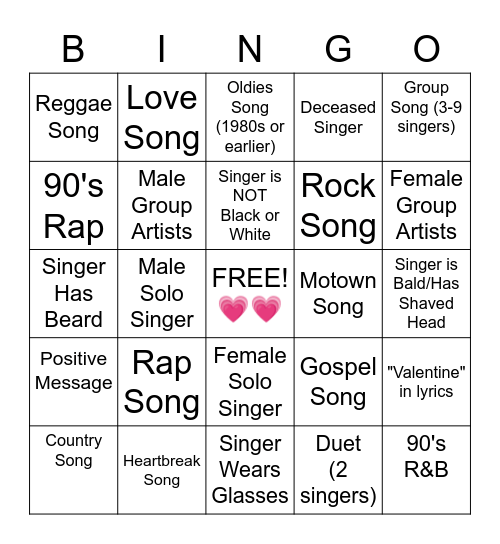 💗💗Valentine's 💗💗Karaoke Bingo Card