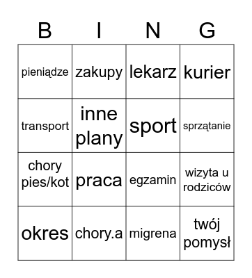 Wymówki Bingo Card