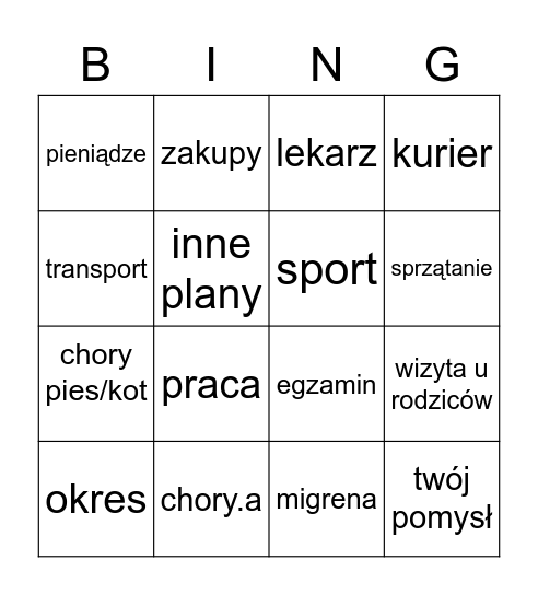 Wymówki Bingo Card