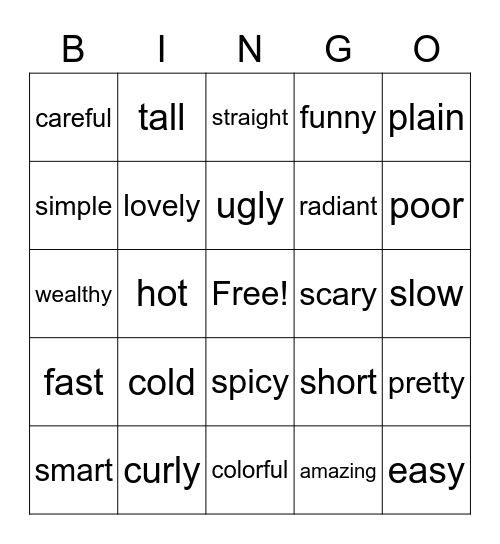 Adjectives Bingo Card