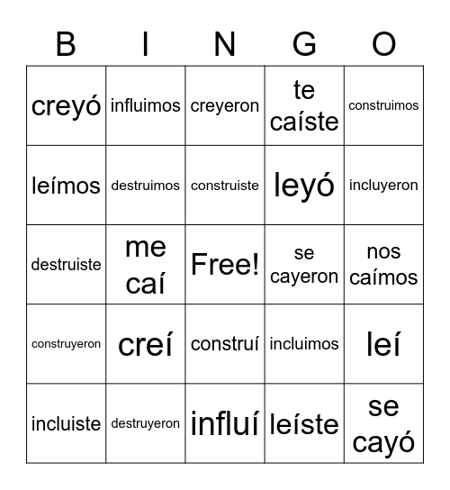 Preterite I:Y Spelling Changers Bingo Card