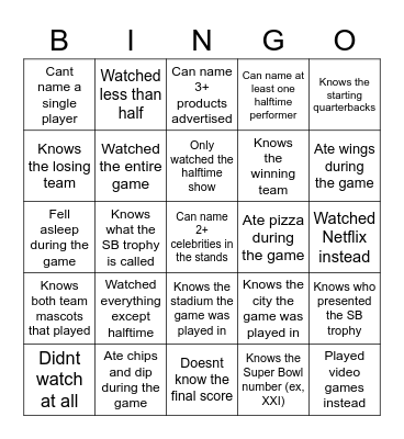 Super Bowl Bingo Card