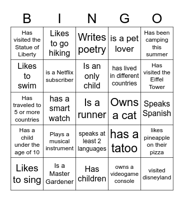 Getting to Know You Bingo Card