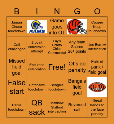 2022 Super Bowl Bingo Card
