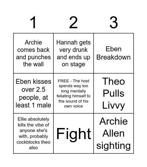 Monday Night Madness Bingo Card