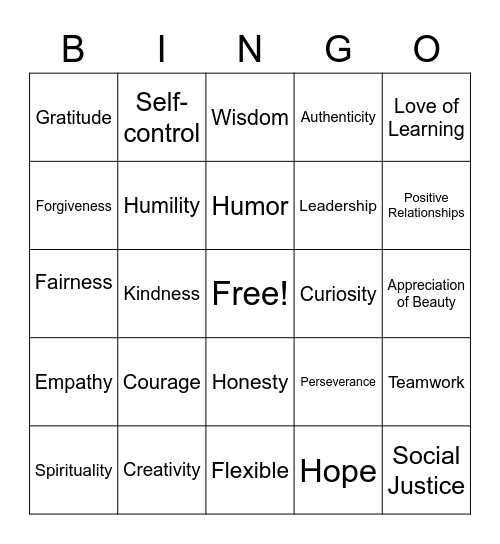 Personal Strengths BINGO Card