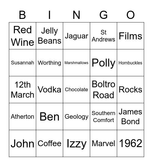 John's 60th Birthday Bingo Card