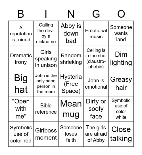 Crucible Movie Watching Bingo Card