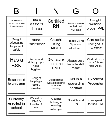 UPMC Nursing Team BINGO 2022 Version 1 Bingo Card