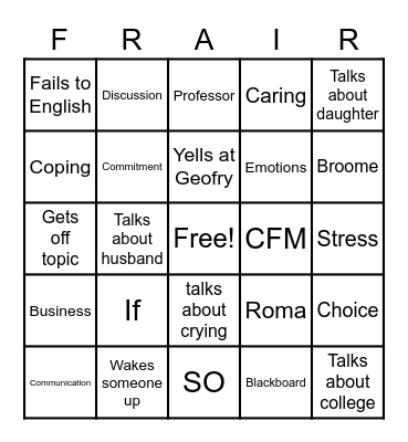 Frair Self Managment Bingo Card