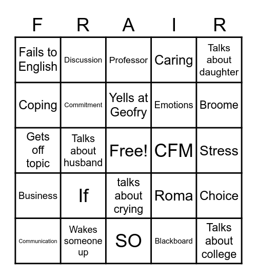 Frair Self Managment Bingo Card