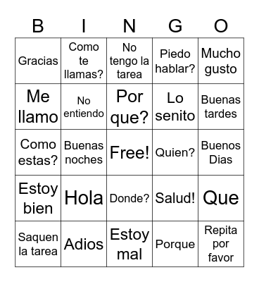 Spanish Common Phrases Bingo Card