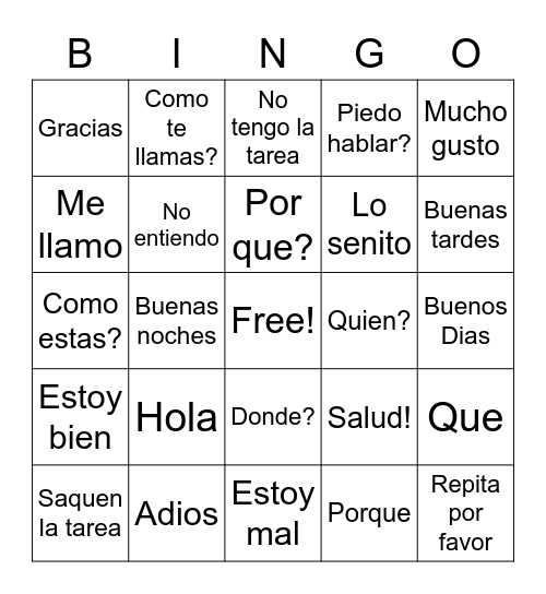 Spanish Common Phrases Bingo Card