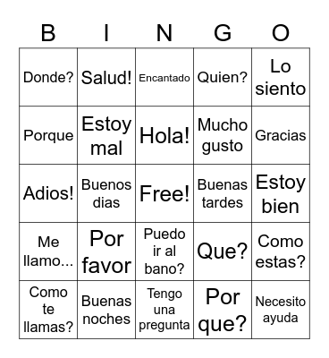Spanish Common Phrases Bingo Card