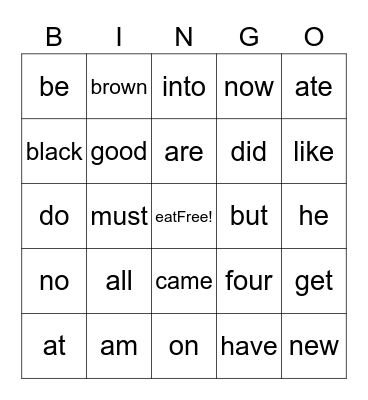 primer sight words Bingo Card