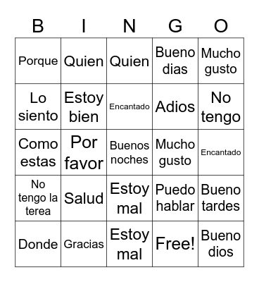 Spanish Common Phrases Bingo Card