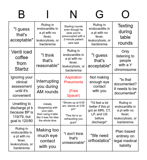 IM Team 1 Bingo Card