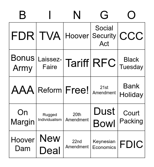 Great Depression Bingo Card