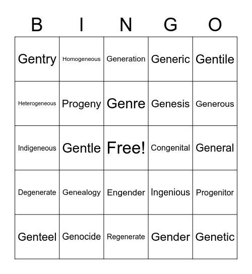 Vocab Lesson 2 Bingo Card