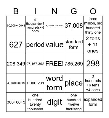 Place Value Review Bingo Card